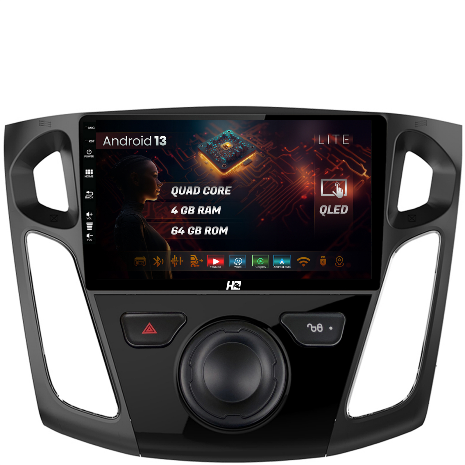 Navigatie HUB64 Ford Focus 3 (2011-2019), 4GB RAM, Android 13, Quadcore, DSP, GPS, Wi-FI, Carplay, Android Auto, USB, Bluetooth, Waze, Touchscreen, 9