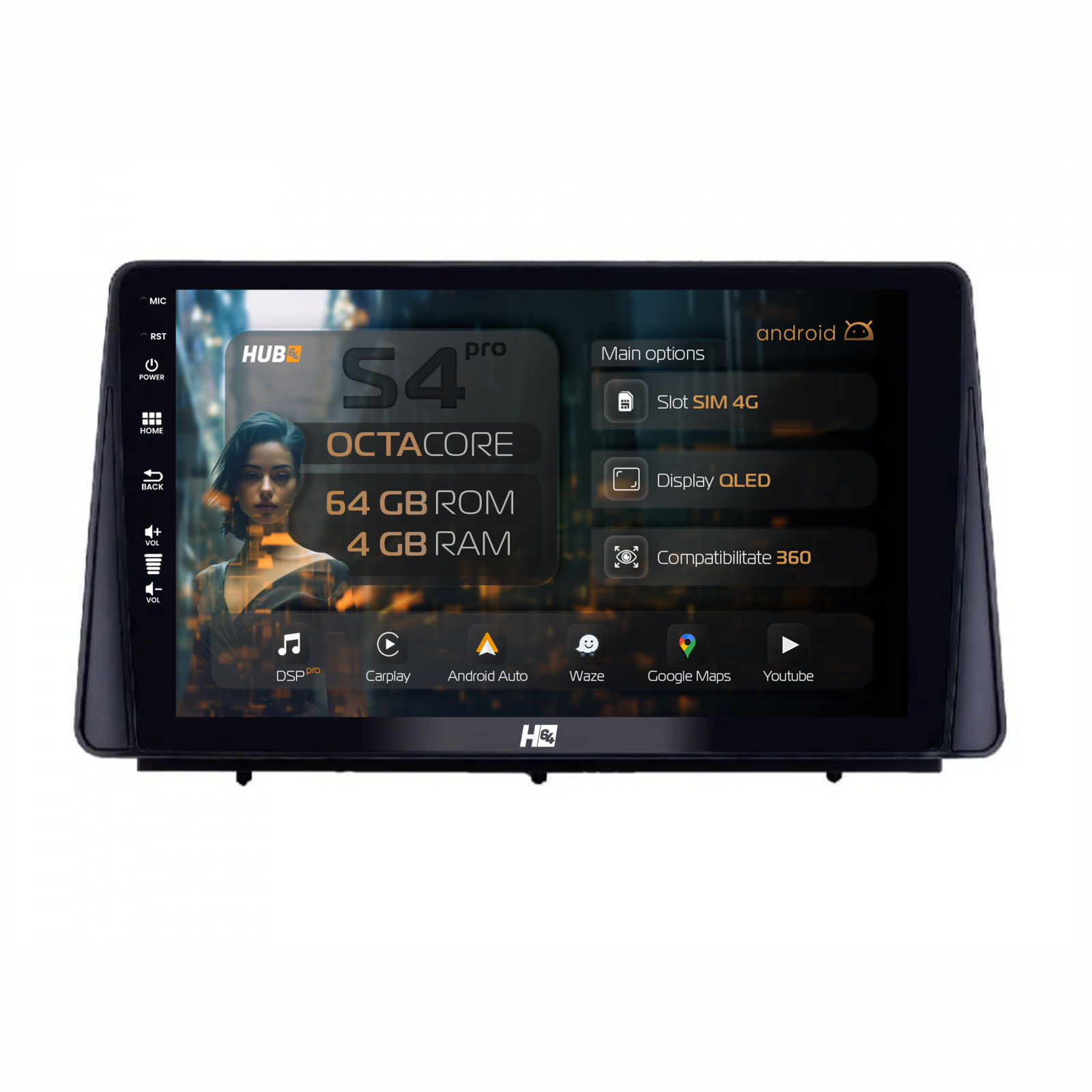 Hub64.ro Navigatie HUB64 Ford Focus MK4 (2019+), 4GB RAM, Android, Octacore, Slot Sim 4G, DSP, GPS, Wi-FI, Carplay, Android Auto, USB, Bluetooth, Waze,