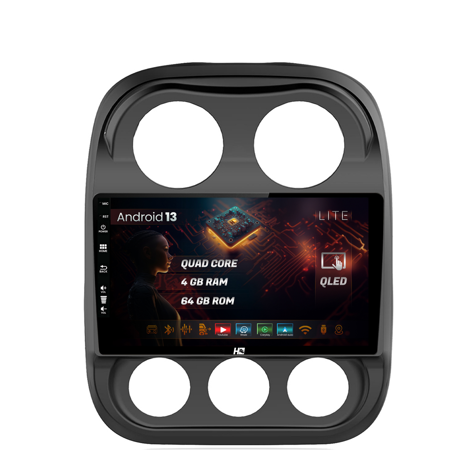 Navigatie HUB64 Jeep Compass (2016+), 4GB RAM, Android 13, Quadcore, DSP, GPS, Wi-FI, Carplay, Android Auto, USB, Bluetooth, Waze, Touchscreen, 10.1