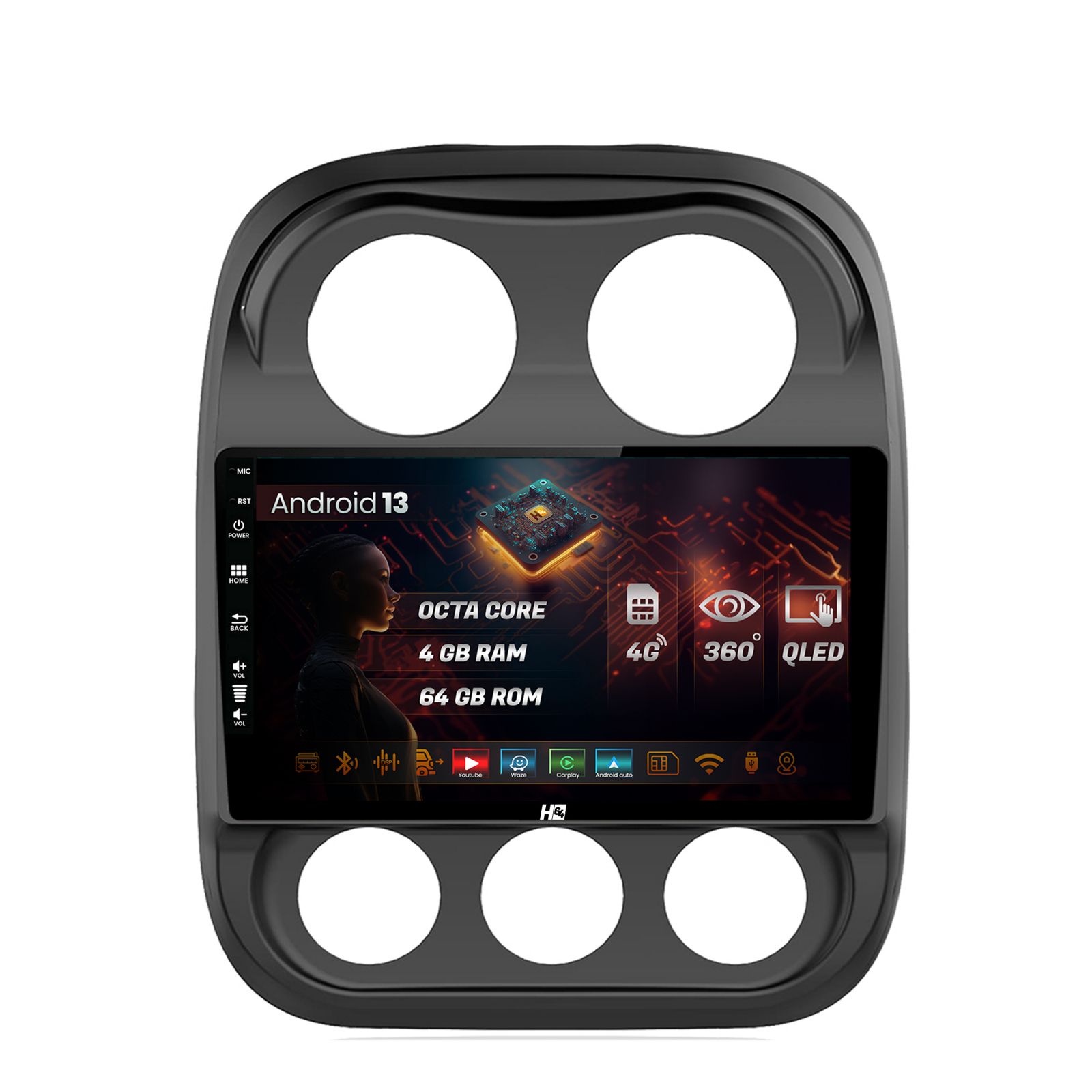 Navigatie HUB64 Jeep Compass (2016+), 4GB RAM, Android 13, Octacore, Slot Sim 4G, DSP, GPS, Wi-FI, Carplay, Android Auto, USB, Bluetooth, Waze,