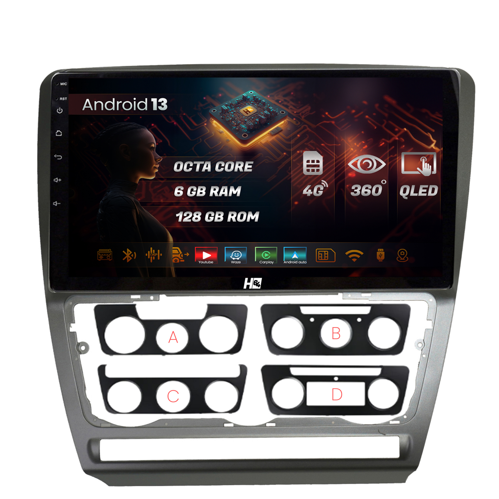 Navigatie HUB64 Skoda Octavia 2, 6GB RAM, Android 13, Octacore, Slot Sim 4G, DSP, GPS, Wi-FI, Carplay, Android Auto, USB, Bluetooth, Waze,