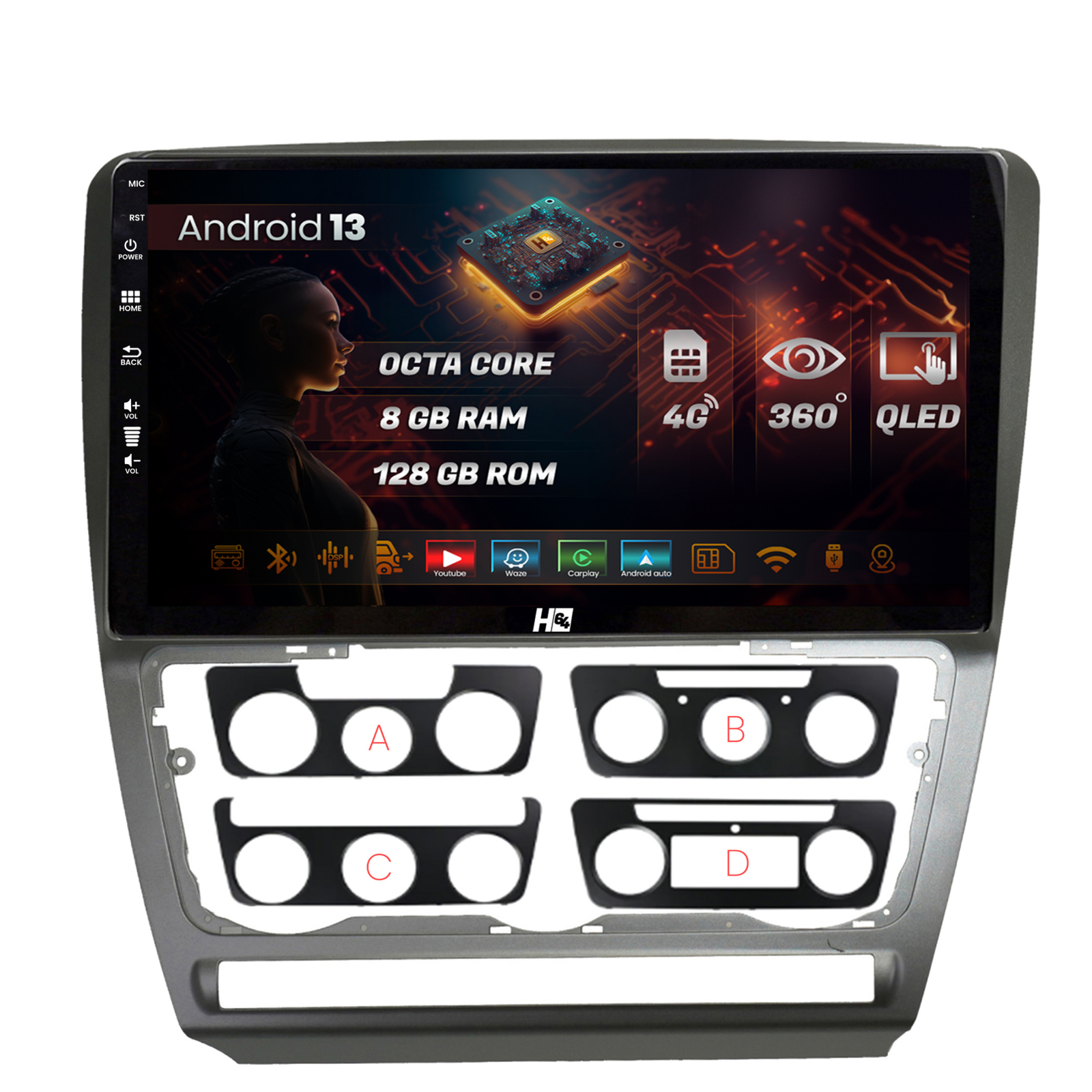 Navigatie HUB64 Skoda Octavia 2, 8GB RAM, Android 13, Octacore, Slot Sim 4G, DSP, GPS, Wi-FI, Carplay, Android Auto, USB, Bluetooth, Waze,