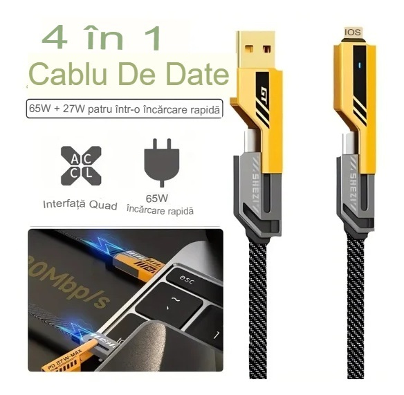 Cablu Incarcare Rapida si Transfer Date 4-in-1, HUOVA®, USB-C PD 65W, 1.2 M - Type-C, USB-A, Compatibil iPhone, iPad, Samsung, Huawei, Android, Laptopuri si Power Bank [6]