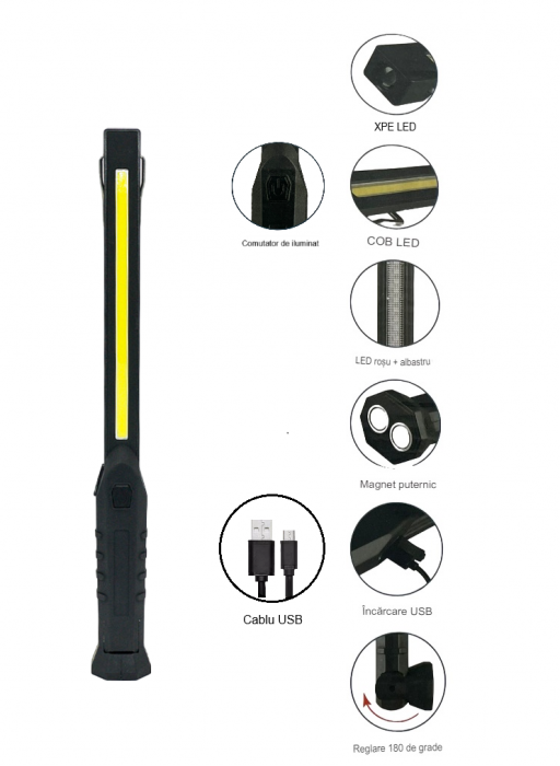 Lanterna de Lucru LED cu incarcare USB , HUOVA®, cu flash de avertizare roșu și albastru [3]