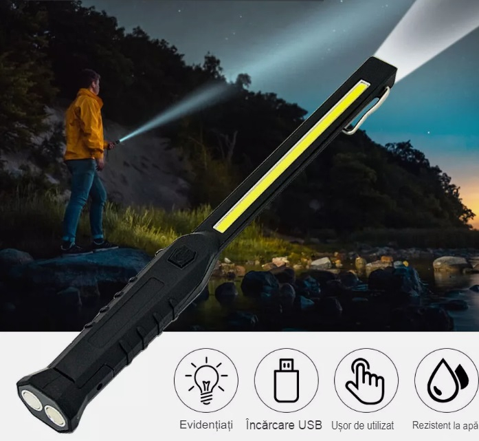 Lanterna de Lucru LED cu incarcare USB , HUOVA®, cu flash de avertizare roșu și albastru [4]