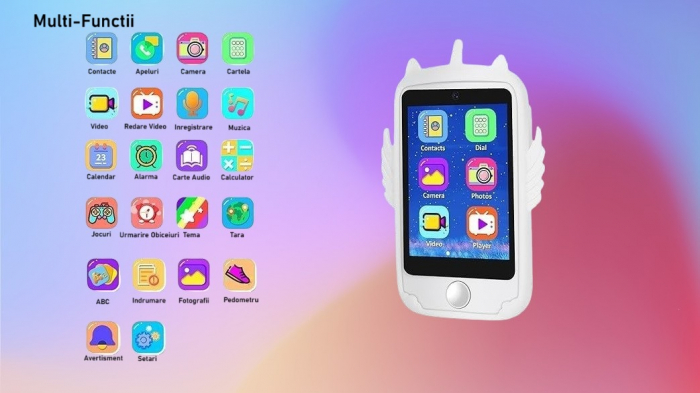 Smartphone Jucarie Pentru Copii, Ecran tactil de 2.8 inch, HUOVA®, Apeluri Telefonice-SIM, Camera Frontala, Sunete si Muzica, Jocuri Educative, Incarcare USB, 3 ani+, Alb [4]