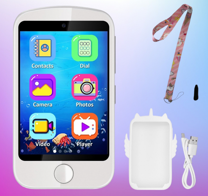 Smartphone Jucarie Pentru Copii, Ecran tactil de 2.8 inch, HUOVA®, Apeluri Telefonice-SIM, Camera Frontala, Sunete si Muzica, Jocuri Educative, Incarcare USB, 3 ani+, Alb [2]