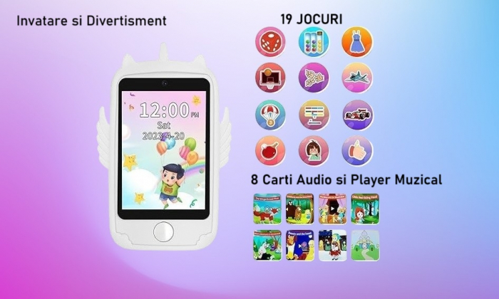 Smartphone Jucarie Pentru Copii, Ecran tactil de 2.8 inch, HUOVA®, Apeluri Telefonice-SIM, Camera Frontala, Sunete si Muzica, Jocuri Educative, Incarcare USB, 3 ani+, Alb [3]