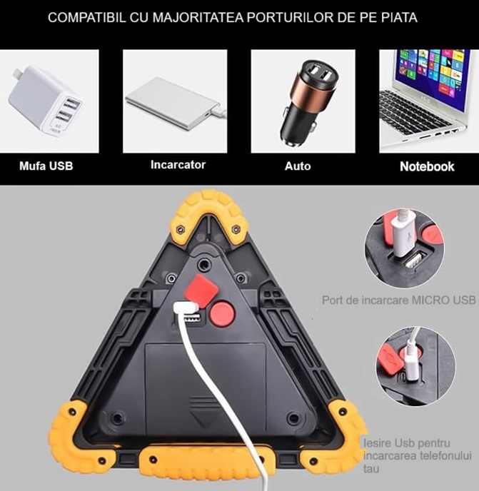 Triunghi Auto de Avertizare LED HUOVA® cu 4 Moduri de Iluminare – 2 Intensități Lumină, Flash lumina rosie și Lumina Continuă [5]
