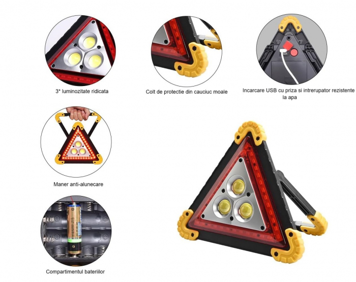 Triunghi Auto de Avertizare LED HUOVA® cu 4 Moduri de Iluminare – 2 Intensități Lumină, Flash lumina rosie și Lumina Continuă [3]