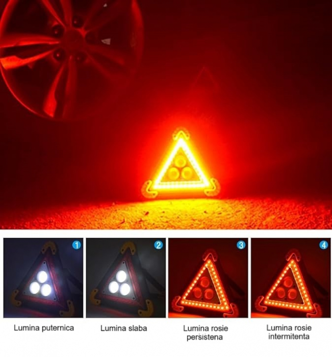 Triunghi Auto de Avertizare LED HUOVA® cu 4 Moduri de Iluminare – 2 Intensități Lumină, Flash lumina rosie și Lumina Continuă [6]