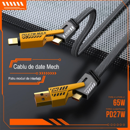 Cablu Incarcare Rapida si Transfer Date 4-in-1, HUOVA®, USB-C PD 65W, 1.2 M - Type-C, USB-A, Compatibil iPhone, iPad, Samsung, Huawei, Android, Laptopuri si Power Bank [3]