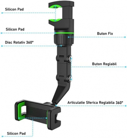 Suport auto pentru telefon, HUOVA® , reglabil, rotatie 360°, negru/verde , 4 - 10 cm [2]