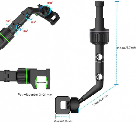 Suport auto pentru telefon, HUOVA® , reglabil, rotatie 360°, negru/verde , 4 - 10 cm [4]