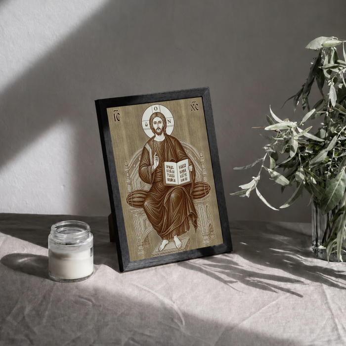 Icoana Iisus Hristos Arhiereu pe Tron - icoana pirogravata pe lemn de plop cu rama neagra [3]