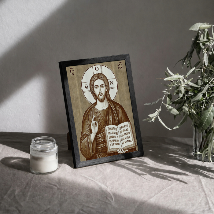 Icoana Iisus Hristos Mantuitorul - icoana pirogravata pe lemn de plop cu rama neagra [3]