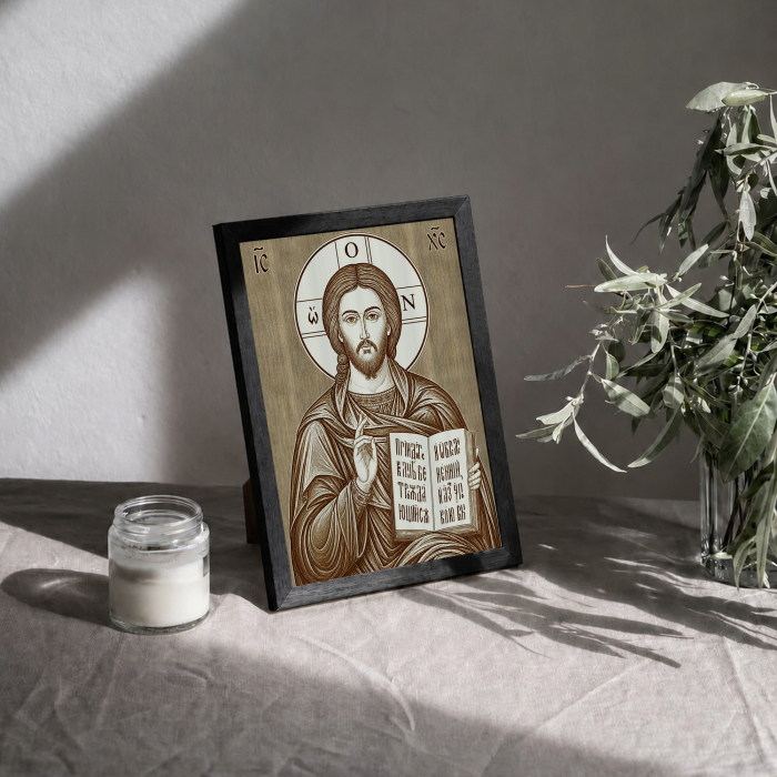 Icoana Iisus Hristos Pantocrator cu Evanghelia Deschisa - icoana pirogravata pe lemn de plop cu rama neagra [3]