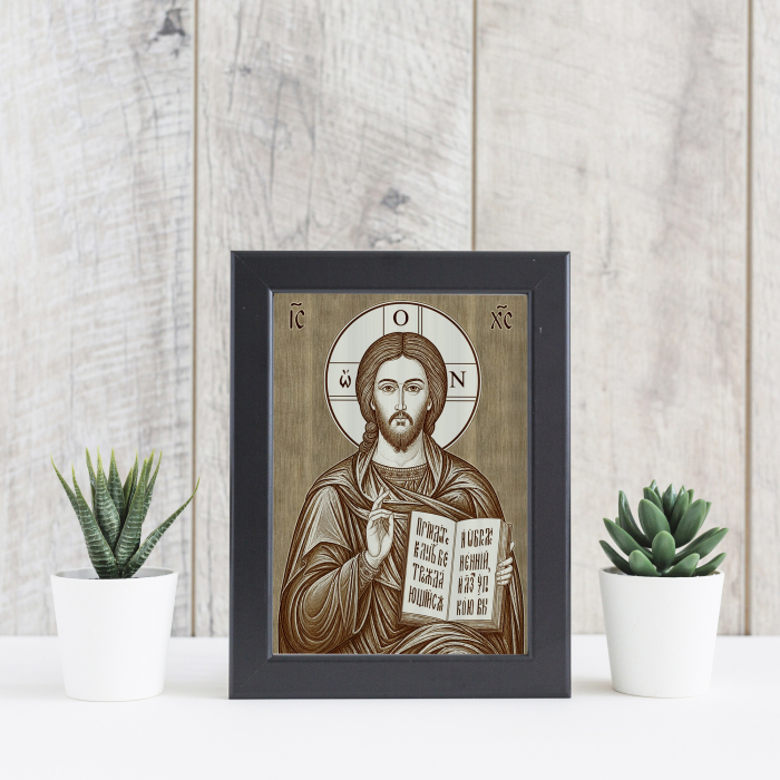 Icoana Iisus Hristos Pantocrator cu Evanghelia Deschisa - icoana pirogravata pe lemn de plop cu rama neagra [4]