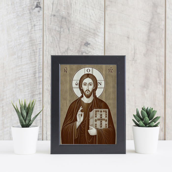 Icoana Iisus Hristos Pantocrator cu Evanghelia Inchisa - icoana pirogravata pe lemn de plop cu rama neagra [4]