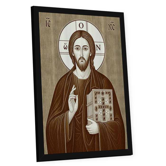 Icoana Iisus Hristos Pantocrator cu Evanghelia Inchisa - icoana pirogravata pe lemn de plop cu rama neagra [2]