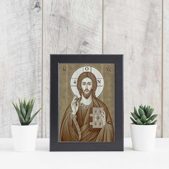 Icoana Iisus Hristos Pantocrator Portret - icoana pirogravata pe lemn de plop cu rama neagra [4]