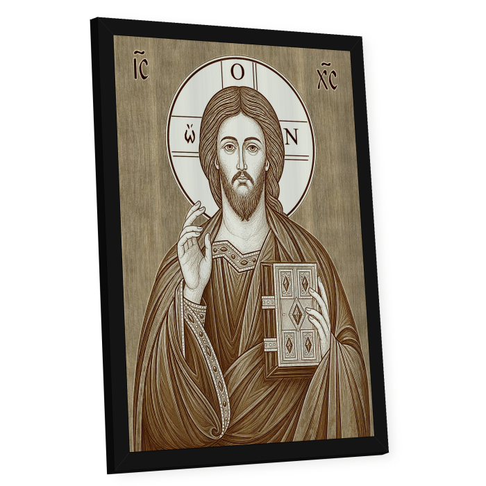 Icoana Iisus Hristos Pantocrator Portret - icoana pirogravata pe lemn de plop cu rama neagra [2]