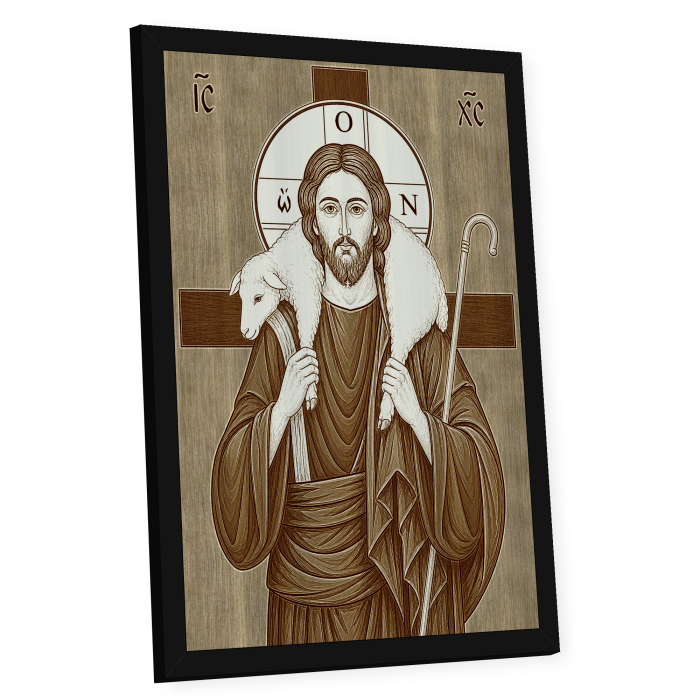 Icoana Iisus Pastorul cel Bun - icoana pirogravata pe lemn de plop cu rama neagra [2]
