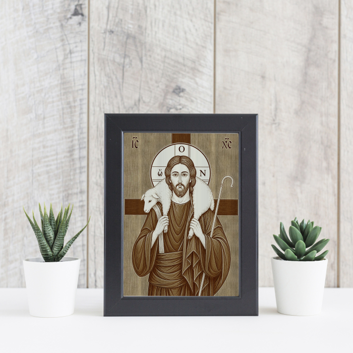 Icoana Iisus Pastorul cel Bun - icoana pirogravata pe lemn de plop cu rama neagra [4]