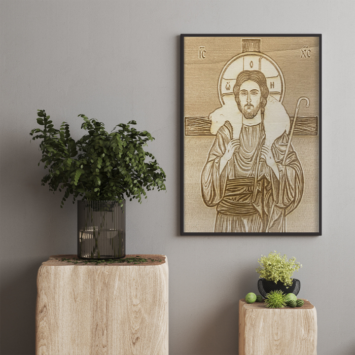 Icoana Iisus Pastorul Cel Bun Pirogravata in Lemn [3]