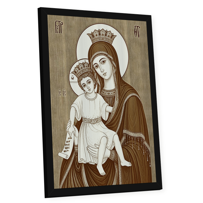 Icoana Maica Domnului Axionita - icoana pirogravata pe lemn de plop cu rama neagra [2]