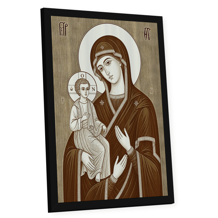 Icoana Maica Domnului Tricherousa - icoana pirogravata pe lemn de plop cu rama neagra [2]