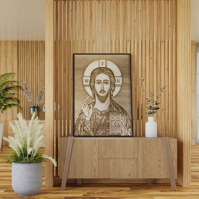 Icoana Mantuitorul Pantocrator Pirogravata in Lemn [4]