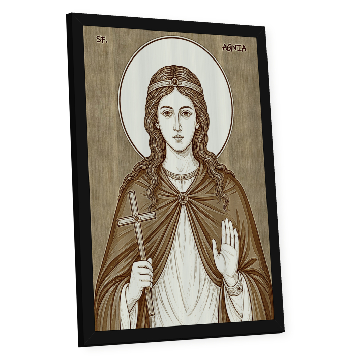 Icoana Sfanta Agnia - icoana pirogravata pe lemn de plop cu rama neagra [2]