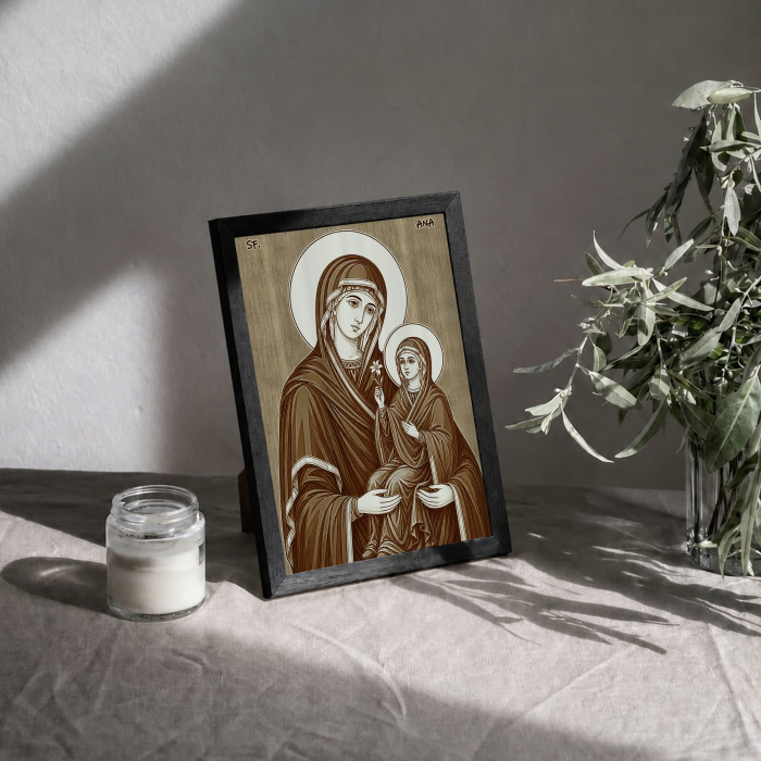 Icoana Sfanta Ana - icoana pirogravata pe lemn de plop cu rama neagra [3]