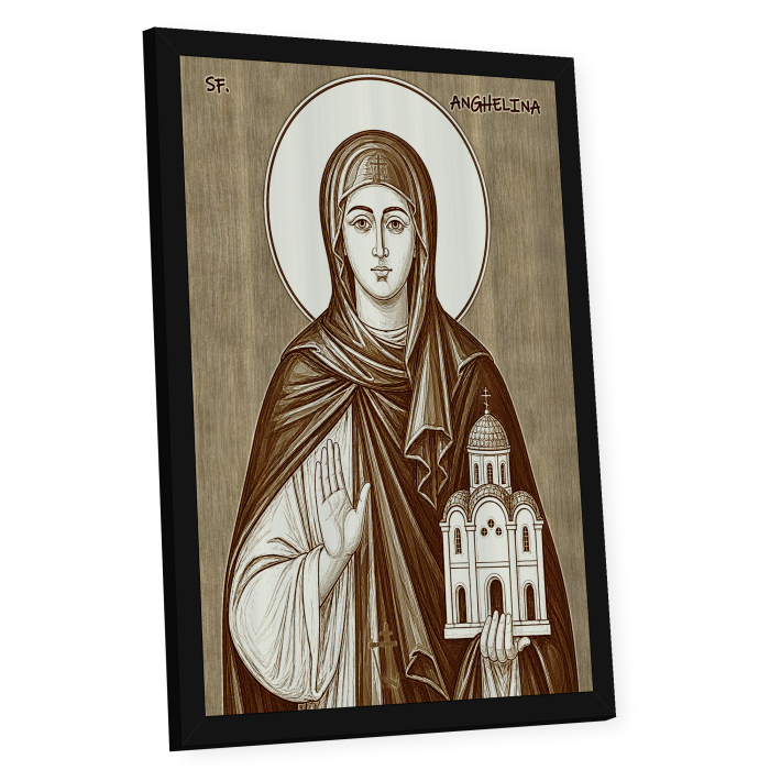 Icoana Sfanta Anghelina - icoana pirogravata pe lemn de plop cu rama neagra [2]