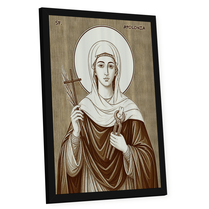 Icoana Sfanta Apolonia - icoana pirogravata pe lemn de plop cu rama neagra [2]