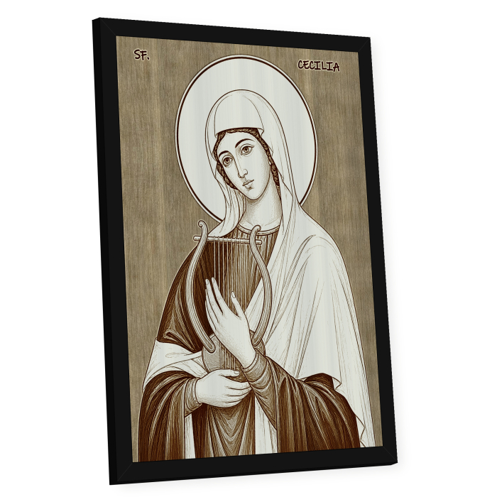 Icoana Sfanta Cecilia - icoana pirogravata pe lemn de plop cu rama neagra [2]