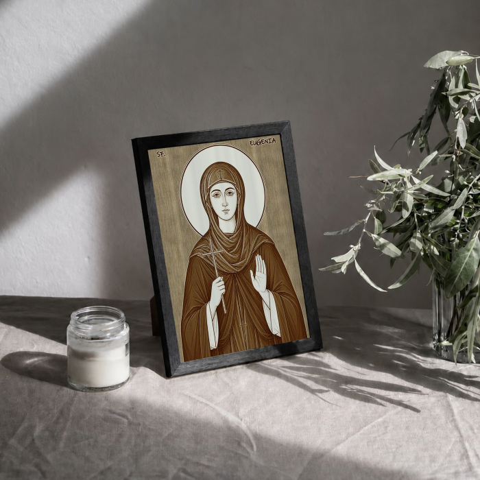 Icoana Sfanta Cuvioasa Mucenita Eugenia - icoana pirogravata pe lemn de plop cu rama neagra [3]