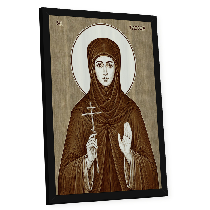Icoana Sfanta Cuvioasa Taisia - icoana pirogravata pe lemn de plop cu rama neagra [2]