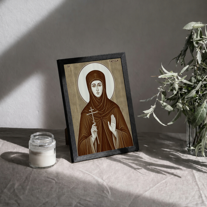 Icoana Sfanta Cuvioasa Taisia - icoana pirogravata pe lemn de plop cu rama neagra [3]