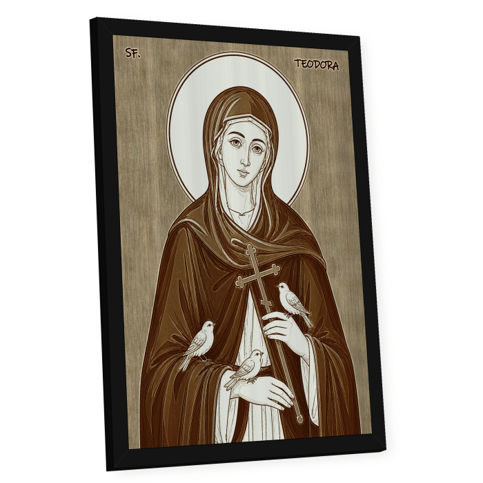 Icoana Sfanta Cuvioasa Teodora de la Sihla - icoana pirogravata pe lemn de plop cu rama neagra [2]