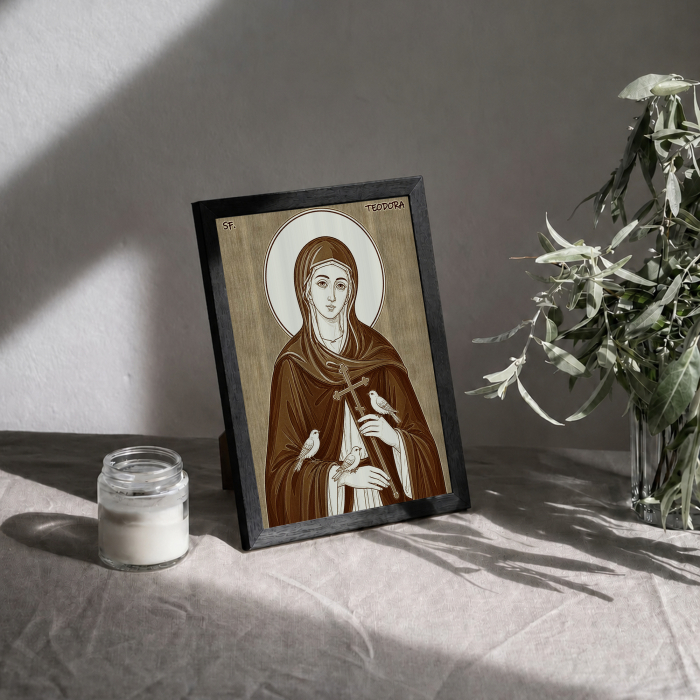 Icoana Sfanta Cuvioasa Teodora de la Sihla - icoana pirogravata pe lemn de plop cu rama neagra [3]