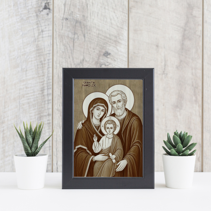 Icoana Sfanta Familie - icoana pirogravata pe lemn de plop cu rama neagra [4]