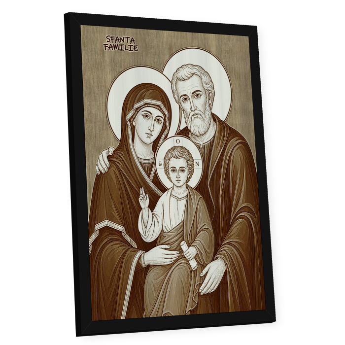 Icoana Sfanta Familie - icoana pirogravata pe lemn de plop cu rama neagra [2]