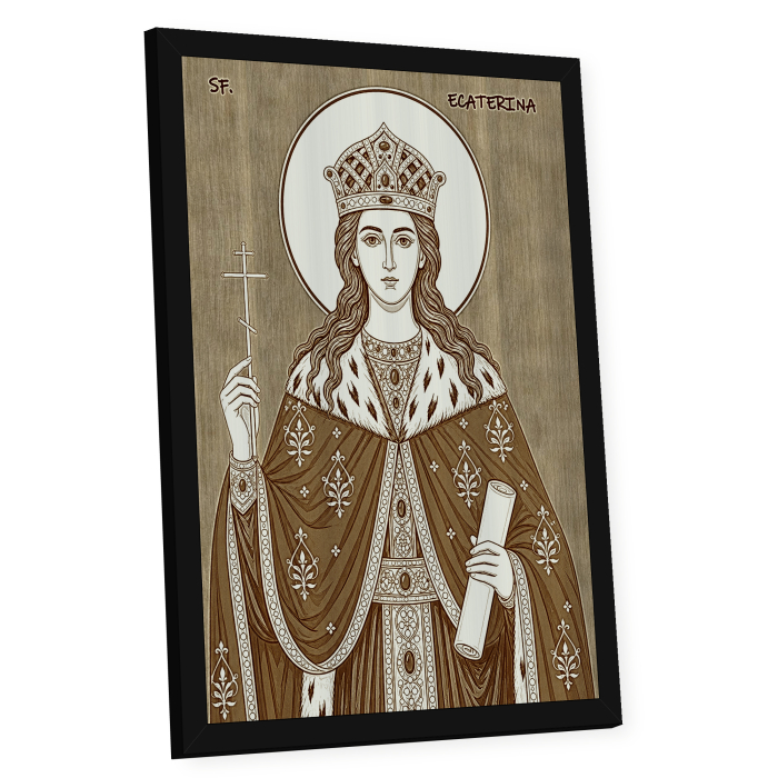 Icoana Sfanta Mare Mucenita Ecaterina - icoana pirogravata pe lemn de plop cu rama neagra [2]