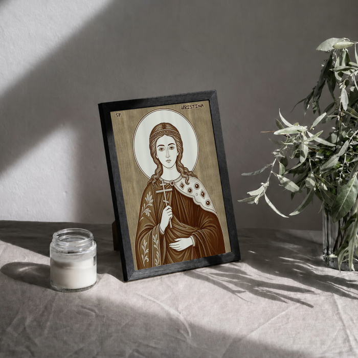 Icoana Sfanta Mare Mucenita Hristina - icoana pirogravata pe lemn de plop cu rama neagra [3]