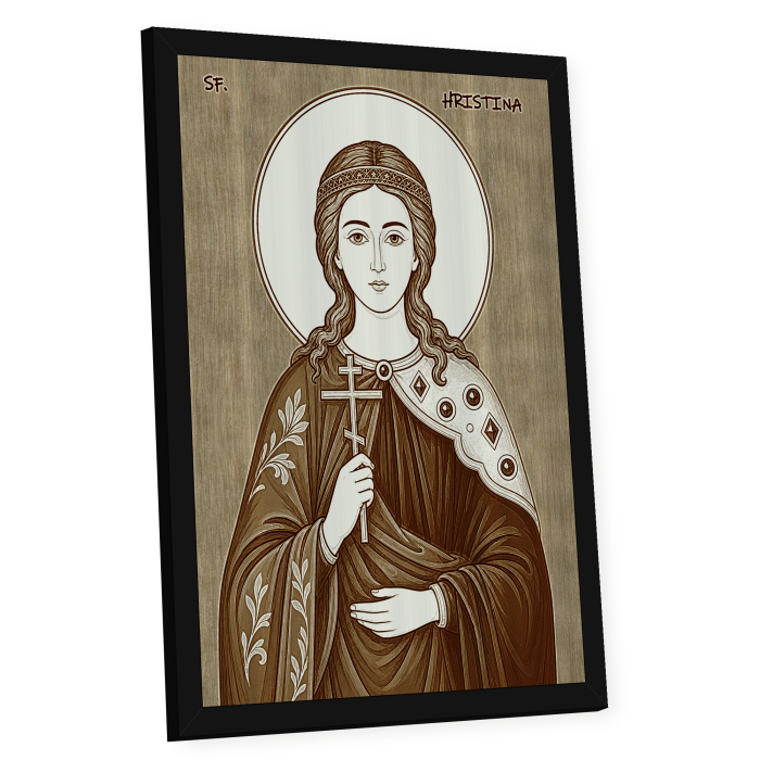 Icoana Sfanta Mare Mucenita Hristina - icoana pirogravata pe lemn de plop cu rama neagra [2]