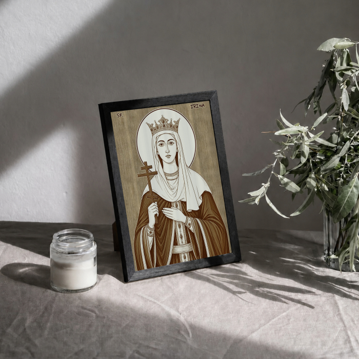 Icoana Sfanta Mare Mucenita Irina - icoana pirogravata pe lemn de plop cu rama neagra [3]