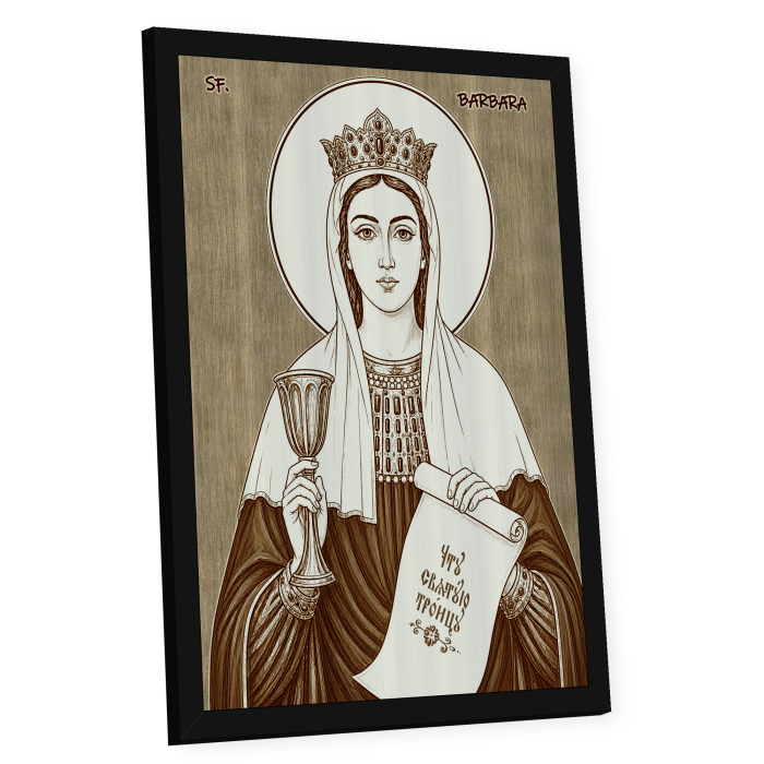 Icoana Sfanta Mare Mucenita Varvara - icoana pirogravata pe lemn de plop cu rama neagra [2]
