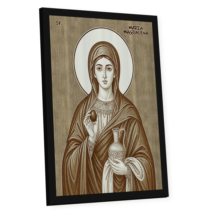 Icoana Sfanta Mironosita Maria Magdalena - icoana pirogravata pe lemn de plop cu rama neagra [2]